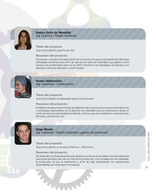 Naiara Ortiz de Mendíbil
Ing. Químico – Medio Ambiente
Título del proyecto:
Guía de Ecodiseño para Fin de Vida
Resumen del proyecto:
El proyecto consistió en la elaboración de una Guía en la que se recogiesen las diferentes
estrategias existentes para el ﬁn de vida de una serie de materiales cuya gestión como
residuos es problemática tanto en la CAPV. Asimismo, las estrategias se ilustraron con
ejemplos prácticos aplicados a nivel mundial.
Itxaso Olabarrieta
Ing. Industrial – Construcción
Título del proyecto:
Guía de Ecodiseño de Materiales para la Construcción
Resumen del proyecto:
Elobjetivodeesteproyectohasidolarealizacióndeunaguíaqueaunararecomendaciones
y estrategias relacionadas con la elección de materiales para la construcción desde un
punto de vista de sostenibilidad ambiental, entre los que se consideraron cimentaciones,
fachadas, pavimentos, etc.
Iñigo Morán
Ing. Industrial - Diseño industrial y gestión de proyectos
Título del proyecto:
Guía de Ecodiseño en el sector Eléctrico – Electrónico
Resumen del proyecto:
Se desarrolló una Guía especíﬁca para el sector, en la que se recogieron recomendaciones
para todas las fases del ciclo de vida de los productos, como la selección de materiales,
la producción, el uso, la distribución y el ﬁn de vida, ilustrándolas con experiencias
desarrolladas por empresas innovadoras.
AuladeEcodiseño2002-2012
61
 