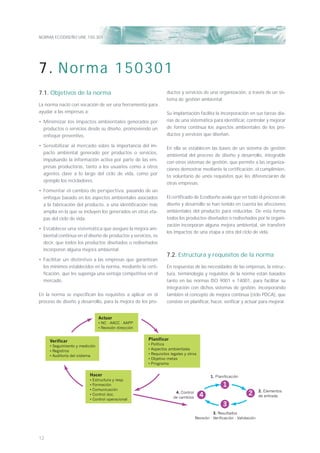 NORMA ECODISEÑO UNE 150.301
12
7.1. Objetivos de la norma
La norma nació con vocación de ser una herramienta para
ayudar a las empresas a:
• Minimizar los impactos ambientales generados por
productos o servicios desde su diseño, promoviendo un
enfoque preventivo.
• Sensibilizar al mercado sobre la importancia del im-
pacto ambiental generado por productos o servicios,
impulsando la información activa por parte de las em-
presas productoras, tanto a los usuarios como a otros
agentes clave a lo largo del ciclo de vida, como por
ejemplo los recicladores.
• Fomentar el cambio de perspectiva, pasando de un
enfoque basado en los aspectos ambientales asociados
a la fabricación del producto, a una identiﬁcación más
amplia en la que se incluyen los generados en otras eta-
pas del ciclo de vida.
• Establecer una sistemática que asegure la mejora am-
biental continua en el diseño de productos y servicios, es
decir, que todos los productos diseñados o rediseñados
incorporen alguna mejora ambiental.
• Facilitar un distintivo a las empresas que garantizan
los mínimos establecidos en la norma, mediante la certi-
ﬁcación, que les suponga una ventaja competitiva en el
mercado.
En la norma se especiﬁcan los requisitos a aplicar en el
proceso de diseño y desarrollo, para la mejora de los pro-
ductos y servicios de una organización, a través de un sis-
tema de gestión ambiental.
Su implantación facilita la incorporación en sus tareas dia-
rias de una sistemática para identiﬁcar, controlar y mejorar
de forma continua los aspectos ambientales de los pro-
ductos y servicios que diseñan.
En ella se establecen las bases de un sistema de gestión
ambiental del proceso de diseño y desarrollo, integrable
con otros sistemas de gestión, que permite a las organiza-
ciones demostrar mediante la certiﬁcación, el cumplimien-
to voluntario de unos requisitos que les diferenciarán de
otras empresas.
El certiﬁcado de Ecodiseño avala que en todo el proceso de
diseño y desarrollo se han tenido en cuenta las afecciones
ambientales del producto para reducirlas. De esta forma
todos los productos diseñados o rediseñados por la organi-
zación incorporan alguna mejora ambiental, sin transferir
los impactos de una etapa a otra del ciclo de vida.
7.2. Estructura y requisitos de la norma
En respuestas de las necesidades de las empresas, la estruc-
tura, terminología y requisitos de la norma están basados
tanto en las normas ISO 9001 e 14001, para facilitar su
integración con dichos sistemas de gestión, incorporando
también el concepto de mejora continua (ciclo PDCA), que
consiste en planiﬁcar, hacer, veriﬁcar y actuar para mejorar.
7. Norma 150301
Verificar
• Seguimiento y medición
• Registros
• Auditoría del sistema
1
24
3
Hacer
• Estructura y resp.
• Formación
• Comunicación
• Control doc.
• Control operacional
Planificar
• Política
• Aspectos ambientales
• Requisitos legales y otros
• Objetivo metas
• Programa
Actuar
• NC - AACC - AAPP
• Revisión dirección
4. Control
de cambios
3. Resultados
Revisión - Verificación - Validación
1. Planificación
2. Elementos
de entrada
 