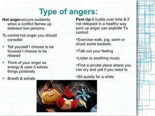 Type of angers:
Hot anger-occurs suddenly         Pent Up-It builds over time & if
  when a conflict flames up       not released in a healthy way
  between two persons.            pent up anger can explode To
                                  control:
To control hot anger you should
   consider:                       Exercise-walk, jog, swim or
                                  shoot some baskets.
  Tell yourself I choose to be
  focused I choose to be           Talk out your feeling
  relaxed
                                   Listen to soothing music
  Think of your anger as
  energy & uses it solves          Find a private place where you
  things positively               can cry and yell if you need to

  Breath & exhale                  Sit quietly for a while
 
