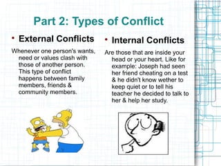 Part 2: Types of Conflict

    External Conflicts         
                                   Internal Conflicts
Whenever one person's wants,   Are those that are inside your
 need or values clash with       head or your heart. Like for
 those of another person.        example: Joseph had seen
 This type of conflict           her friend cheating on a test
 happens between family          & he didn't know wether to
 members, friends &              keep quiet or to tell his
 community members.              teacher he decided to talk to
                                 her & help her study.
 