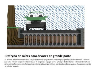    Proteção de raízes para árvores de grande porte     As  árvores de canteiros centrais e calçadas são muito prejudicadas pela compactação de sua área de raízes  fazendo que estas aflorem no pavimento em busca de oxigênio e espaço. Com a aplicação do Ecodreno e substrato Ecotelhado conseguimos fazer uma trincheira para o sistema radicular permitindo grande absorção da  ​ água de chuva desonerando  as galerias pluviais.​  