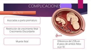 DEL FETO
Muerte fetal
Asociadas a parto prematuro
Restricción de crecimiento fetal
Crecimiento Discordante
Diferencia del 25% en
el peso de ambos fetos
o p<10
COMPLICACIONES
 