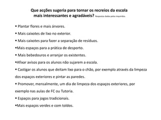 Que acções sugeria para tornar os recreios da escola
           mais interessantes e agradáveis? Respostas dadas pelos inquiridos.

 Plantar flores e mais árvores.
 Mais caixotes de lixo no exterior.
 Mais caixotes para fazer a separação de resíduos.
Mais espaços para a prática de desporto.
 Mais bebedouros e arranjar os existentes.
Afixar avisos para os alunos não sujarem a escola.
 Castigar os alunos que deitam lixo para o chão, por exemplo através da limpeza
dos espaços exteriores e pintar as paredes.
 Promover, mensalmente, um dia de limpeza dos espaços exteriores, por
exemplo nas aulas de FC ou Tutoria.
 Espaços para jogos tradicionais.
Mais espaços verdes e com toldos.
 