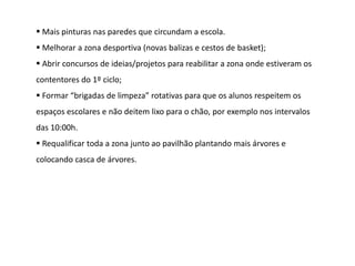  Mais pinturas nas paredes que circundam a escola.
 Melhorar a zona desportiva (novas balizas e cestos de basket);
 Abrir concursos de ideias/projetos para reabilitar a zona onde estiveram os
contentores do 1º ciclo;
 Formar “brigadas de limpeza” rotativas para que os alunos respeitem os
espaços escolares e não deitem lixo para o chão, por exemplo nos intervalos
das 10:00h.
 Requalificar toda a zona junto ao pavilhão plantando mais árvores e
colocando casca de árvores.
 