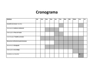 Cronograma
ESCOLA                                Set   Out.   Nov   Dez.   Jan.   Fev.   Mar   Abr.   Maio   Jun.   Jul.


Conselho Eco-Escola. Reuniões


Realização da Auditoria Ambiental


Elaboração do Plano de Acção


Concretização- Trabalho curricular


Momentos de Monitorização/Avaliação


Momentos de divulgação


Elaboração do Eco-Código


Candidatura ao Galardão                                                                           30
 