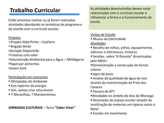As atividades desenvolvidas devem estar
Trabalho Curricular                                relacionadas com o currículo escolar e
                                                   influenciar a forma e o funcionamento da
Estão previstas realizar ou já foram realizadas    escola.
atividades abordando as temáticas do programa e
de acordo com o currículo escolar.
                                                   Visitas de Estudo
Projetos                                            Museu da Eletricidade
• Projeto Ilídio Pinho – EcoFarm                   Atividades
• Brigada Verde                                     Recolha de rolhas, pilhas, equipamentos
•Geração Depositrão                                elétricos e eletrónicos, tinteiros
•Tinteiros com valor                                Sessões sobre “A floresta” dinamizadas
•Voluntariado Ambiental para a Água – ARHAlgarve   pelo MOJU
•Papel por alimentos                               Demonstração e construção de fornos
•Green Cork                                        solares
                                                   Jogos de praia
Participação em concursos                           Análise da qualidade da água do mar
 Olimpíadas do Ambiente                           através da monitorização da Praia dos
 Eco-repórter da energia                          Cavacos
 Sim, vamos criar uma árvore                       Passeio de BTT
 7 Maravilhas, 7 Mandamentos                      Atividades no âmbito do Ano do Morcego
                                                    Decoração do espaço escolar através da
                                                   reutilização de materiais em épocas como o
JORNADAS CULTURAIS – Tema “Saber Viver”            Natal
                                                    Escolas em movimento
 