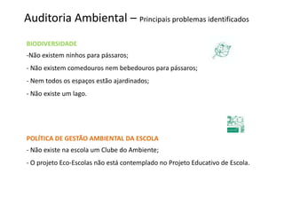Auditoria Ambiental – Principais problemas identificados
BIODIVERSIDADE
-Não existem ninhos para pássaros;
- Não existem comedouros nem bebedouros para pássaros;
- Nem todos os espaços estão ajardinados;
- Não existe um lago.




POLÍTICA DE GESTÃO AMBIENTAL DA ESCOLA
- Não existe na escola um Clube do Ambiente;
- O projeto Eco-Escolas não está contemplado no Projeto Educativo de Escola.
 