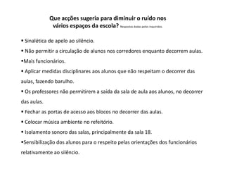 Que acções sugeria para diminuir o ruído nos
              vários espaços da escola? Respostas dadas pelos inquiridos.

 Sinalética de apelo ao silêncio.
 Não permitir a circulação de alunos nos corredores enquanto decorrem aulas.
Mais funcionários.
 Aplicar medidas disciplinares aos alunos que não respeitam o decorrer das
aulas, fazendo barulho.
 Os professores não permitirem a saída da sala de aula aos alunos, no decorrer
das aulas.
 Fechar as portas de acesso aos blocos no decorrer das aulas.
 Colocar música ambiente no refeitório.
 Isolamento sonoro das salas, principalmente da sala 18.
Sensibilização dos alunos para o respeito pelas orientações dos funcionários
relativamente ao silêncio.
 