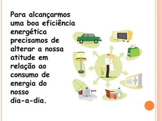 Para alcançarmos uma boa eficiência energética  precisamos de alterar a nossa atitude em  relação ao  consumo de  energia do  nosso  dia-a-dia. 
