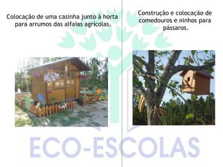 Construção e colocação de
Colocação de uma casinha junto à horta
                                         comedouros e ninhos para
   para arrumos das alfaias agrícolas.
                                                 pássaros.
 
