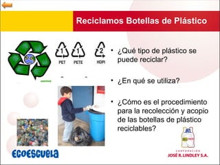 Reciclamos Botellas de Plástico ¿Qué tipo de plástico se puede reciclar? ¿En qué se utiliza? ¿Cómo es el procedimiento para la recolección y acopio de las botellas de plástico reciclables? 