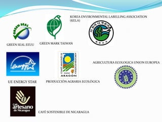 KOREA ENVIRONMENTAL LABELLING ASSOCIATION (KELA)GREEN MARK TAIWANGREEN SEAL EEUUAGRICULTURA ECOLOGICA UNION EUROPEAUE ENERGY STARPRODUCCIÓN AGRARIA ECOLÓGICACAFÉ SOSTENIBLE DE NICARAGUA