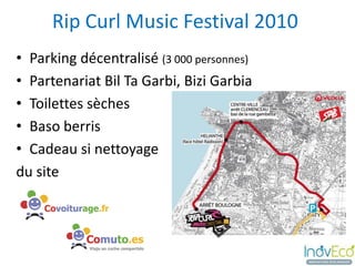 Rip Curl Music Festival 2010
• Parking décentralisé (3 000 personnes)
• Partenariat Bil Ta Garbi, Bizi Garbia
• Toilettes sèches
• Baso berris
• Cadeau si nettoyage
du site
 