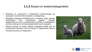 • Въпросът за наличието и правилната експлоатация на
пасището е изключителноважен и определящ.
• Вземайки предвид потребностите на овцете, вида пасище
(естествени или изкуствени тревни площи),
продуктивността му и климатичните условия, в определени
случаи, може да се наложи разделянето му на парцели.
• Овцете остават на всеки парцел определен брой дни на
ротационен принцип, като се следи за правилната паша и
почивка на всеки от парцелите.
1.1.2 Казуси от животновъдството
 
