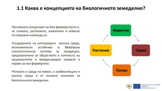Животни
Човек
Почва
Растения
1.1 Каква е концепцията на биологичното земеделие?
•Основната концепция на био-фермерството е,
че почвата, растенията, животните и човекът
са свързани помежду си.
•Създаването на интегрирана околна среда,
икономически устойчива и безопасна
селскостопанска система за продукция,
предназначена за обществото в контекста на
националните и международни правила и
норми за еко фермерство.
•Почвата е среда на живот, а заобикалящата я
околна среда е от основно значение за
биологичнотоземеделие.
 