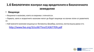 1.6 Биологичен контрол над вредителитев биологичното
земеделие
• Хищници
– Хищникът е насекомо, което се изхранва с плячката си.
– Ларвата, както и възрастните насекоми могат да бъдат хищници на всички етапи от развитието
си.
– Най-важнитенасекоми хищници са: богомолка, бръмбар, калинка, листна въшка,ориуси тн.
http://www.fao.org/3/ca3677en/CA3677EN.pdf
 