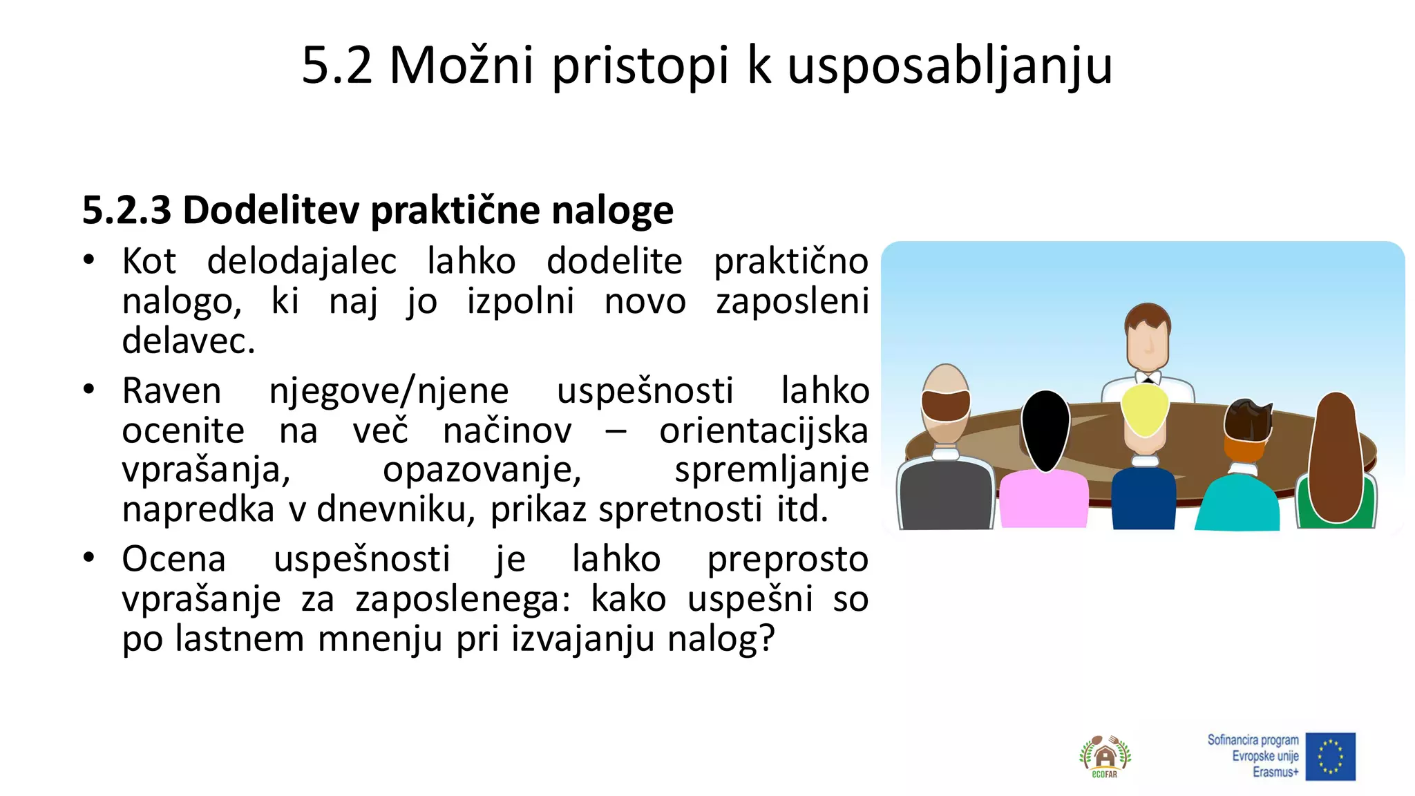 5.2 Možni pristopi k usposabljanju
5.2.3 Dodelitev praktične naloge
• Kot delodajalec lahko dodelite praktično
nalogo, ki naj jo izpolni novo zaposleni
delavec.
• Raven njegove/njene uspešnosti lahko
ocenite na več načinov – orientacijska
vprašanja, opazovanje, spremljanje
napredka v dnevniku, prikaz spretnosti itd.
• Ocena uspešnosti je lahko preprosto
vprašanje za zaposlenega: kako uspešni so
po lastnem mnenju pri izvajanju nalog?
 