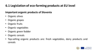 Important organic products of Slovenia
• Organic olives
• Organic grapes
• Organic fruits
• Organic vegetables
• Organic green fodder
• Organic cereals
• Top-selling organic products are: fresh vegetables, dairy products and
cereals
6.1 Legislation of eco-farming products at EU level
 