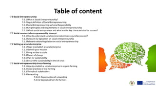Table of content
7.0 Social Entrepreneurship
7.0.1 Whatis Social Entrepreneurship?
7.0.2 Legaldefinition of Social Entrepreneurship
7.0.3 SocialEntrepreneurship vs SocialResponsibility
7.0.4 Key principles and requirements in social entrepreneurship
7.0.5 Who is social entrepreneur and whatare the key characteristics for success?
7.1 Social commercial entrepreneurship concept
7.1.1 How to understand socialcommercialentrepreneurship concept?
7.1.2 RelevantEU legislation on social entrepreneurship
7.1.3Relevantnationallegislation on social entrepreneurship
7.2 Setting upa social enterprise
7.2.1 Steps to establish a social enterprise
7.2.2 Identify your mission
7.2.3 Bring an idea to scale
7.2.4Theory of change
7.2.5 Plan for sustainability
7.2.6 Ensurethe sustainability in time of crisis
7.3 Social entrepreneurship ineco-farming
7.3.1 How to establish a socialenterprise in organic farming
7.3.2 Good practices of eco-farming
7.3.3 Therole of stakeholders
7.3.4 Networking
7.3.4.1 Opportunities of networking
7.3.4.2 Specialised fairs for farmers
 