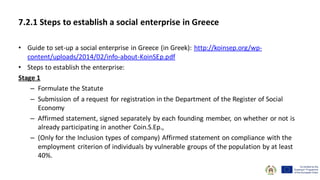7.2.1 Steps to establish a social enterprise in Greece
• Guide to set-up a social enterprise in Greece (in Greek): http://koinsep.org/wp-
content/uploads/2014/02/info-about-KoinSEp.pdf
• Steps to establish the enterprise:
Stage 1
– Formulate the Statute
– Submission of a request for registration in the Department of the Register of Social
Economy
– Affirmed statement, signed separately by each founding member, on whether or not is
already participating in another Coin.S.Ep.,
– (Only for the Inclusion types of company) Affirmed statement on compliance with the
employment criterion of individuals by vulnerable groups of the population by at least
40%.
 