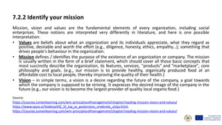 7.2.2 Identify your mission
Mission, vision and values ​​are the fundamental elements of every organization, including social
enterprises. These notions are interpreted very differently in literature, and here is one possible
interpretation:
• Values ​​are beliefs about what an organization and its individuals appreciate, what they regard as
positive, desirable and worth the effort (e.g., diligence, honesty, ethics, empathy…); something that
drives people's behaviour in the organization.
• Mission defines / identifies the purpose of the existence of an organization or company. The mission
is usually written in the form of a brief statement, which should cover all those basic concepts that
most succinctly describe the organization, its features, services, "products" and "marketplace", core
philosophy and goals. (e.g., our mission is to provide healthy, organically produced food at an
affordable cost to local people, thereby improving the quality of their health.)
• Vision – in simple terms, a vision is a desire regarding the future of the company, a goal towards
which the company is supposed to be striving. It expresses the desired image of the company in the
future (e.g., our vision is to become the largest provider of quality local organic food.)
Source:
https://courses.lumenlearning.com/wm-principlesofmanagement/chapter/reading-mission-vision-and-values/
https://www.ipsos.si/VodenjeVIZ_VI_kaj_je_poslanstvo_vrednote_vizija.html,
https://courses.lumenlearning.com/wm-principlesofmanagement/chapter/reading-mission-vision-and-values/
 