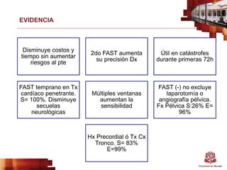 EVIDENCIA
Disminuye costos y
tiempo sin aumentar
riesgos al pte
2do FAST aumenta
su precisión Dx
Útil en catástrofes
durante primeras 72h
FAST temprano en Tx
cardíaco penetrante.
S= 100%. Disminuye
secuelas
neurológicas
Múltiples ventanas
aumentan la
sensibilidad
FAST (-) no excluye
laparotomía o
angiografía pélvica.
Fx Pélvica S:26% E=
96%
Hx Precordial ó Tx Cx
Tronco. S= 83%
E=99%
 