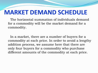 MARKET DEMAND SCHEDULE
The horizontal summation of individuals demand
for a commodity will be the market demand for a
commodity.
In a market, there are a number of buyers for a
commodity at each price. In order to avoid a lengthy
addition process, we assume here that there are
only four buyers for a commodity who purchase
different amounts of the commodity at each price.

 