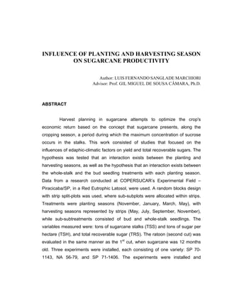 INFLUENCE OF PLANTING AND HARVESTING SEASON
ON SUGARCANE PRODUCTIVITY
Author: LUIS FERNANDO SANGLADE MARCHIORI
Advisor: Prof. GIL MIGUEL DE SOUSA CÂMARA, Ph.D.
ABSTRACT
Harvest planning in sugarcane attempts to optimize the crop's
economic return based on the concept that sugarcane presents, along the
cropping season, a period during which the maximum concentration of sucrose
occurs in the stalks. This work consisted of studies that focused on the
influences of edaphic-climatic factors on yield and total recoverable sugars. The
hypothesis was tested that an interaction exists between the planting and
harvesting seasons, as well as the hypothesis that an interaction exists between
the whole-stalk and the bud seedling treatments with each planting season.
Data from a research conducted at COPERSUCAR’s Experimental Field –
Piracicaba/SP, in a Red Eutrophic Latosol, were used. A random blocks design
with strip split-plots was used, where sub-subplots were allocated within strips.
Treatments were planting seasons (November, January, March, May), with
harvesting seasons represented by strips (May, July, September, November),
while sub-subtreatments consisted of bud and whole-stalk seedlings. The
variables measured were: tons of sugarcane stalks (TSS) and tons of sugar per
hectare (TSH), and total recoverable sugar (TRS). The ratoon (second cut) was
evaluated in the same manner as the 1st
cut, when sugarcane was 12 months
old. Three experiments were installed, each consisting of one variety: SP 70-
1143, NA 56-79, and SP 71-1406. The experiments were installed and
 
