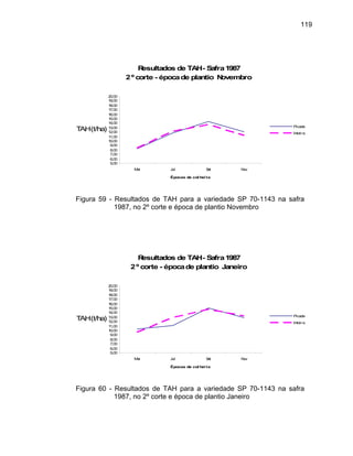119
Resultados de TAH- Safra1987
2º corte - épocade plantio Novembro
5,00
6,00
7,00
Mai Jul Set Nov
Épocas de col hei ta
8,00
9,00
10,00
11,00
12,00
13,00
/ha)
14,00
15,00
16,00
17,00
18,00
19,00
20,00
TAH(t
Picada
Inteira
Figura 59 - Resultados de TAH para a variedade SP 70-1143 na safra
1987, no 2º corte e época de plantio Novembro
Resultados de TAH- Safra1987
2º corte - épocade plantio Janeiro
5,00
6,00
7,00
8,00
9,00
10,00
11,00
12,00
13,00
14,00
15,00
16,00
17,00
18,00
19,00
20,00
Mai Jul Set Nov
Épocas de col hei ta
TAH(t/ha) Picada
Inteira
Figura 60 - Resultados de TAH para a variedade SP 70-1143 na safra
1987, no 2º corte e época de plantio Janeiro
 