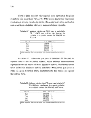 238
Como se pode observar, houve apenas efeito significativo de épocas
de colheita para as variáveis TCH, ATR e TAH. Épocas de plantio e tratamentos
(muda picada e inteira no sulco de plantio) não apresentaram efeito significativo
para as variáveis estudadas. Não houve qualquer efeito de interação.
Tabela 87. Valores médios de TCH para a variedade
SP 71-1406 das médias de épocas de
colheita, com plantio no ano de 1984/85, no
2º corte
EPCOL TCH (MÉDIA)
Set 90,544 a
Mai 85,800 ab
Nov 82,603 b
Jul 79,936 b
Médias seguidas das mesmas letras não diferiram estatisticamente entre
si.
Na tabela 87, observa-se que para a variedade SP 71-1406, no
segundo corte e ano de plantio 1984/85, houve diferença estatisticamente
significativa entre as médias TCH das épocas de colheita. Os maiores valores
foram obtidos nas épocas de colheita Setembro e Maio; sendo que apenas a
média da época Setembro diferiu estatisticamente das médias das épocas
Novembro e Julho.
Tabela 88. Valores médios de ATR para a variedade SP
71-1406 das médias de épocas de colheita,
com plantio no ano de 1984/85, no 2º corte
EPCOL ATR (MÉDIA)
Set 157,344 a
Nov 146,253 b
Jul 145,076 b
Mai 118,727 c
Médias seguidas das mesmas letras não diferiram estatisticamente entre
si.
 