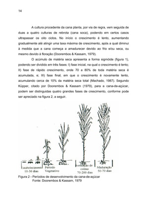 14
A cultura procedente da cana planta, por via de regra, vem seguida de
duas a quatro culturas de rebrota (cana soca), podendo em certos casos
ultrapassar os oito ciclos. No início o crescimento é lento, aumentando
gradualmente até atingir uma taxa máxima de crescimento, após a qual diminui
à medida que a cana começa a amadurecer devido ao frio e/ou seca, ou
mesmo devido à floração (Doorembos & Kassam, 1979).
O acúmulo de matéria seca apresenta a forma sigmóide (figura 1),
podendo ser dividido em três fases: I) fase inicial, na qual o crescimento é lento;
II) fase de rápido crescimento, onde 70 a 80% de toda matéria seca é
acumulada, e; III) fase final, em que o crescimento é novamente lento,
acumulando cerca de 10% da matéria seca total (Machado, 1987). Segundo
Küpper, citado por Doorembos & Kassam (1979), para a cana-de-açúcar,
podem ser distinguidas quatro grandes fases de crescimento, conforme pode
ser apreciado na figura 2, a seguir.
Figura 2 - Períodos de desenvolvimento da cana-de-açúcar
Fonte: Doorembos & Kassam, 1979
 