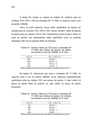 242
A tabela 90, mostra os valores da análise de variância para as
variáveis TCH, ATR e TAH da variedade SP 71-1406, no segundo corte e ano
de plantio 1985/86.
Como se pode observar, houve efeito significativo de épocas de
colheita para as variáveis TCH, ATR e TAH. Houve, também, efeito de épocas
de plantio para as vaiáveis TCH e TAH. Tratamentos (muda picada e inteira no
sulco de plantio) não apresentaram efeito significativo para as variáveis
estudadas. Não houve qualquer efeito de interação.
Tabela 91. Valores médios de TCH para a variedade SP
71-1406 das médias de épocas de plantio,
com plantio no ano de 1985/86, no 2º corte
EPPLA TCH (MÉDIA)
Mai 85,960 a
Mar 80,531 ab
Jan 79,621 ab
Nov 77,132 b
Médias seguidas das mesmas letras não diferiram estatisticamente entre si.
Na tabela 91, observa-se que para a variedade SP 71-1406, no
segundo corte e ano de plantio 1985/86, houve diferença estatisticamente
significativa entre as médias TCH nas épocas de plantio. O valor obtido na
época de plantio Maio foi superior ao valor obtido na época de plantio
Novembro.
Tabela 92. Valores médios de TCH para a variedade SP
71-1406 das médias de épocas de colheita,
com plantio no ano de 1985/86, no 2º corte
EPCOL TCH (MÉDIA)
Jul 90,227 a
Mai 89,633 a
Set 80,382 b
Nov 63,002 c
Médias seguidas das mesmas letras não diferiram estatisticamente entre si.
 