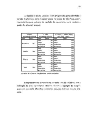 59
As épocas de plantio utilizadas foram programadas para cobrir todo o
período de plantio da cana-de-açúcar usado no Estado de São Paulo, assim,
houve plantios para cada ano de repetição do experimento, como mostram o
quadro 4 e a figura 7 a seguir:
1985 Novembro 1986
1986
1986
an safra 1983/84 ano safra 1985/86
meses após)
ano safra 1986/87
M
Plantio 1º corte 2º corte (12
Mês Ano Mês Ano Mês Ano
o
Maio 1985 Maio 1986
Julho 1985 Julho 1986
Setembro 1985 Setembro 1986
Novembro
Novembro 1983
Maio 1985 Maio 1986
Julho 1985 Julho 1986
Setembro 1985 Setembro 1986
Novembro 1985 Novembro 1986
1984Janeiro
Maio 1985 Maio 1986
Julho 1985 Julho 1986
Setembro 1985 Setembro 1986
Novembro 1985 Novembro 1986
Maio 1985 Maio
Julho 1985 Julho
1984Março
Setembro 1985 Setembro 1986
Novembro 1985 Novembro 1986
1984aio
Quadro 4 - Épocas de plantio e corte utilizadas
1985/86, com a
instalação
tes estágios dentro do mesmo ano-
safra.
Este procedimento foi repetido no ano safra 1984/85 e
de ovos experimentos idênticos visando a repetição de estágios
iguais em anos-safra diferentes e diferen
 