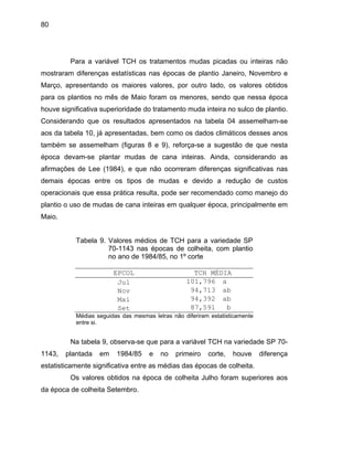 80
Para a variável TCH os tratamentos mudas picadas ou inteiras nã
enças estatísticas nas épocas de plantio J
o
ostraram difer aneiro, Novembro e
arço, apresentando os maiores valores, por outro lado, os valores obtidos
para os plantios no mês de Maio foram os menores, sendo que nessa época
hou .
Considerando q 04 assemelham-se
os da tabela 10, já apresentadas, bem como os dados climáticos desses anos
mbém se assemelham (figuras 8 e 9), reforça-se a sugestão de que nesta
ép
afirmações de icativas nas
emais ép tre os tip udas e devido a redução de custos
operacionais que essa prática resulta, pode ser recom mo manejo do
plantio o uso de mudas de cana inteiras em qualquer época, principalmente em
Maio.
Tabela 9. Valores médios de TCH para a variedade SP
70-1143 nas épocas de colheita
no ano de 1984/85, no 1º corte
EPCOL TCH
m
M
ve significativa superioridade do tratamento muda inteira no sulco de plantio
ue os resultados apresentados na tabela
a
ta
oca devam-se plantar mudas de cana inteiras. Ainda, considerando as
Lee (1984), e que não ocorreram diferenças signif
d ocas en os de m
endado co
, com plantio
MÉDIA
Jul 101,796 a
Nov 94,71
Mai 94,39
Set 87,591
3 ab
2 ab
b
M seguidas das m letras não diferiram estatisticédias esmas amente
entre si.
Na tabela 9, observa-se que para a variável TCH na variedade SP 70-
1143, plantada em 1984/85 e no primeiro corte, houve diferença
estatisticamente significativa entre as médias das épocas de colheita.
Os valores obtidos na época de colheita Julho foram superiores aos
da época de colheita Setembro.
 