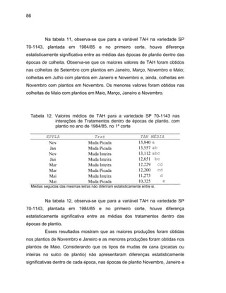 86
Na tabe bserva-se que p AH na variedade SP
70-1143, plantada em 1984/85 e no primeiro corte, houve diferença
estatisticamente significativa entre as médias das épocas de plantio dentro das
épocas de colheita. Observa-se que os maiores valores de TAH foram obtidos
nas colheitas de Setembro com plantios em Janeiro, Março, Novembro e Maio;
colheitas
Tabela
interações de Tratamentos dentro de épocas de plantio, com
plantio no ano de 1984/85, no 1º corte
EPPLA Trat TAH MÉDIA
la 11, o ara a variável T
em Julho com plantios em Janeiro e Novembro e, ainda, colheitas em
Novembro com plantios em Novembro. Os menores valores foram obtidos nas
colheitas de Maio com plantios em Maio, Março, Janeiro e Novembro.
12. Valores médios de TAH para a variedade SP 70-1143 nas
Nov Muda Picada 13,840 a
Jan Muda Picada 13,557 ab
Muda Inteira 13,112 aNov bc
Jan Muda Inteira 12,651 bc
Mar Muda Inteira 12,229 cd
Mar Muda Picada 12,200 cd
Mai Muda Inteira 11,273 d
Mai Muda Picada 10,325 e
Médias seguidas das mesmas letras não diferiram estatisticamente entre si.
Na tabela 12, observa-se que para a variável TAH na variedade SP
70-1143, plantada em 1984/85 e no primeiro corte, houve diferença
estatisticamente significativa entre as médias dos tratamentos dentro das
épocas de plantio.
Esses resultados mostram que as maiores produções foram obtidas
nos plantios de Novembro e Janeiro e as menores produções foram obtidas nos
pla
inteiras no su
ignificativas dentro de cada época, nas
ntios de Maio. Considerando que os tipos de mudas de cana (picadas ou
lco de plantio) não apresentaram diferenças estatisticamente
épocas de plantio Novembro, Janeiro es
 