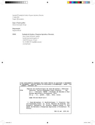 Copyright © Fundação de Estudos e Pesquisas Agrícolas e Florestais
1ª edição 2010
Tiragem: 500 exemplares
Capa e Projeto gráfico
Colorau Comunicação e Design
Diagramação
Diagrama Editorial
FEPAF

Fundação de Estudos e Pesquisas Agrícolas e Florestais
Unesp Campus de Botucatu Lageado.
Fazenda Experimental Lageado s/nº
18.603-970 Botucatu SP Brasil
Tel.: (14) 3882-7373 fepaf@fca.unesp.br
www.fepaf.org.br

FICHA CATALOGRÁFICA ELABORADA PELA SEÇÃO TÉCNICA DE AQUISIÇÃO E TRATAMENTO
DA INFORMAÇÃO – SERVIÇO TÉCNICO DE BIBLIOTECA E DOCUMENTAÇÃO - UNESP - FCA
- LAGEADO - BOTUCATU (SP)

T764

Tópicos em ecofisiologia da cana-de-açúcar / Editores
técnicos: Carlos Alexandre Costa Crusciol ... [et
al.]. – Botucatu: FEPAF - Fundação de Estudos e Pesquisas Agrícolas e Florestais, 2010
111 p. : il., gráfs., tabs., fots. color.
ISBN 978-85-98187-25-9
1. Cana-de-açúcar. 2. Ecofisiologia. I. Crusciol, Carlos Alexandre Costa. II. Silva, Marcelo de Almeida. III.
Rossetto, Raffaella. IV. Soratto, Rogério Peres. V. Fundação de Estudos e Pesquisas Agrícolas e Florestais. VI.
Título.
CDD 21.ed. (633.61)

iniciais.indd 2

14/10/10 09:38

 