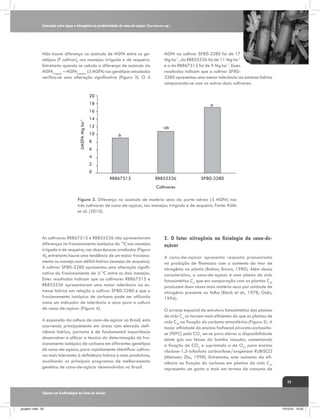 Interação entre água e nitrogênio na produtividade de cana-de-açúcar (Saccharum sp.)

Não houve diferença no acúmulo de MSPA entre os genótipos (F cultivar), nos manejos: irrigado e de sequeiro.
Entretanto quando se calcula a diferença de acúmulo da
MSPAirrigado – MSPAsequeiro (∆ MSPA) nos genótipos estudados
verifica-se uma alteração significativa (Figura 3). O ∆

MSPA na cultivar SP80-3280 foi de 17
Mg ha-1, da RB855536 foi de 11 Mg ha-1
e o da RB867515 foi de 9 Mg ha-1. Esses
resultados indicam que a cultivar SP803280 apresentou uma menor tolerância ao estresse hídrico
comparando-se com as outras duas cultivares.

20
18

a

∆MSPA Mg ha-1

16
14
12
10

ab
b

8
6
4
2
0
RB867515

RB855536

SP80-3280

Cultivares
Figura 3. Diferença no acúmulo de matéria seca da parte aérea (∆ MSPA) nas
três cultivares de cana-de-açúcar, nos manejos: irrigado e de sequeiro. Fonte: Kölln
et al. (2010).

As cultivares RB867515 e RB855536 não apresentaram
diferenças no fracionamento isotópico do 13C nos manejos
irrigado e de sequeiro, nas duas épocas avaliadas (Figura
4), entretanto houve uma tendência de um maior fracionamento no manejo com déficit hídrico (manejo de sequeiro).
A cultivar SP80-3280 apresentou uma alteração significativa do fracionamento de ∆13C entre os dois manejos.
Estes resultados indicam que as cultivares RB867515 e
RB855536 apresentaram uma maior tolerância ao estresse hídrico em relação a cultivar SP80-3280 e que o
fracionamento isotópico de carbono pode ser utilizado
como um indicador de tolerância a seca para a cultura
de cana-de-açúcar (Figura 4).
A expansão da cultura de cana-de-açúcar no Brasil, esta
ocorrendo principalmente em áreas com elevada deficiência hídrica, portanto é de fundamental importância
desenvolver e utilizar a técnica da determinação do fracionamento isotópico de carbono em diferentes genótipos
de cana-de-açúcar, para rapidamente identificar cultivares mais tolerantes à deficiência hídrica e mais produtivas,
auxiliando os principais programas de melhoramento
genético de cana-de-açúcar desenvolvidos no Brasil.

2. O fator nitrogênio na fisiologia da cana-deaçúcar
A cana-de-açúcar apresenta resposta pronunciada
na produção de fitomassa com o aumento do teor de
nitrogênio na planta (Bolton; Brown, 1980). Além dessa
característica, a cana-de-açúcar é uma planta de ciclo
fotossintético C4 que em comparação com as plantas C3,
produzem duas vezes mais matéria seca por unidade de
nitrogênio presente na folha (Black et al., 1978; Oaks,
1994).
O arranjo espacial da estrutura fotossintética das plantas
de ciclo C4 as tornam mais eficientes do que as plantas de
ciclo C3, na fixação do carbono atmosférico (Figura 5). A
maior afinidade da enzima fosfoenol piruvato-carboxilase (PEPC) pelo CO2 serve para elevar a disponibilidade
deste gás nos feixes da bainha vascular, aumentando
a fixação de CO2 e suprimindo a de O2, para enzima
ribulose-1,5-bifosfato carboxilase/oxigenase RUBISCO
(Meinzer; Zhu, 1998). Entretanto, este aumento da eficiência na fixação do carbono em plantas de ciclo C4,
representa um gasto a mais em termos de consumo de
53

Tópicos em Ecofisiologia da Cana de Açúcar

_projeto1.indb 53

13/10/10 10:22

 