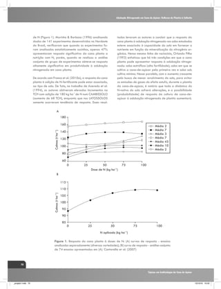 Adubação Nitrogenada em Cana-de-Açúcar: Reflexos do Plantio à Colheita

de N (Figura 1). Marinho & Barbosa (1996) analisando
dados de 141 experimentos desenvolvidos no Nordeste
do Brasil, verificaram que quando os experimentos foram analisados estatisticamente sozinhos, apenas 47%
apresentaram resposta significativa da cana planta a
nutrição com N, porém, quando se realizou a análise
conjunta de grupo de experimentos obteve-se resposta
altamente significativa em produtividade à adubação
nitrogenada em cana planta.

tados levaram os autores a concluir que a resposta da
cana planta à adubação nitrogenada nos solos estudados
esteve associada à capacidade do solo em fornecer o
nutriente em função da mineralização do nitrogênio orgânico. Nessa mesma linha de raciocínio, Orlando Filho
(1993) enfatizou que há três condições em que a cana
planta pode apresentar resposta à adubação nitrogenada: solos eutróficos (alta fertilidade); solos em que se
cultiva a cana-de-açúcar pela primeira vez e solos sob
cultivo mínimo. Nesse paralelo, com o aumento crescente
pela busca de menor revolvimento do solo, para evitar
as emissões de gases do efeito estufa, durante o plantio
da cana-de-açúcar, é notório que toda a dinâmica do
N-nativo do solo sofrerá alterações, e a possibilidade
(probabilidade) de resposta da cultura de cana-deaçúcar à adubação nitrogenada de plantio aumentará.

De acordo com Franco et al. (2010a), a resposta da cana
planta à adição de N-fertilizante pode estar associada,
ao tipo de solo. De fato, no trabalho de Azeredo et al.
(1994), os autores obtiveram elevados incrementos na
TCH com adição de 180 kg ha-1 de N num CAMBISSOLO
(aumento de 68 TCH), enquanto que nos LATOSSOLOS
somente ocorreram tendência de resposta. Esses resulA
180

Colmos (t ha–1)

160

Média 2
Média 7
Média 3
Média 7
Média 43
Média 10
Média 2

140
120
100
80
60
0

25

50
Dose de N (kg ha–1)

75

100

B
115

Colmos (t ha–1)

110
105
100
95
90
85

0

25

50

75

100

N aplicado (kg ha–1)
Figura 1. Resposta da cana planta à doses de N: (A) curvas de resposta - ensaios
analisados separadamente (diversas variedades); (B) curva de resposta - análise conjunta
de 74 ensaios apresentados em (A). Cantarella et al. (2007)

70
Tópicos em Ecofisiologia da Cana de Açúcar

_projeto1.indb 70

13/10/10 10:22

 