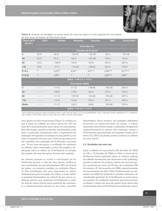Adubação Nitrogenada em Cana-de-Açúcar: Reflexos do Plantio à Colheita

Tabela 4. Acúmulo de nitrogênio na parte aérea da cana-de-açúcar no ciclo agrícola de cana planta
em dois locais do Estado de São Paulo, Brasil.
Doses de N
Julho
Outubro
Dezembro
Fevereiro
Abril
Junho/Julho*
(kg ha-1)
Usina São Luiz
­­­­­­­­­­Acúmulo de N, kg ha-1
0

30 D

66 D

106 BC

122 AB

162 A

132 AB

40

32 C

91 B

84 B

123 AB

152 A

154 A

80

43 C

100 B

136 B

142 B

224 A

207 A

120

39 E

91 D

115 CD

158 BC

254 A

192 B

R -R.L.

NS

0,55**

0,23*

0,91**

0,84***

0,77***

R -R.Q.

NS

0,99*

NS

NS

0,89***

0,87*

2
2

D.M.S. = 49 C.V. = 19 %
Usina Santa Adélia
0

_________

114 C

111 C

148 BC

183 AB

204 A

40

_________

108 B

118 B

164 A

173 A

184 A

80

_________

111 D

139 CD

154 BC

195 AB

227 A

120

_________

113 B

134 B

196 A

181 A

183 A

Média

_________

111 C

126 C

166 B

183 AB

199 A

D.M.S. = 21 C.V. = 13 %
Letras Maiúsculas iguais na linha não diferem entre si pelo teste de Tukey a 5 % de probabilidade. D.M.S.: diferença mínima significativa; CV: coeficiente
de variação. *Junho/Julho: junho na Usina São Luiz e julho na Usina Santa Adélia.

cana planta nos dois experimentos (Figura 2) verificou-se
que é baixa na colheita da cultura (cerca de 10% do
total de N acumulado pela parte aérea da cana planta).
Essa informação, quando analisada isoladamente, pode
levar a conclusões precipitadas sobre a importância da
adubação nitrogenada na nutrição da cana planta e, com
menor frequência em cana soca. Como em grande parte
dos trabalhos com aplicação de fertilizantes marcados
com 15N em cana-de-açúcar, a avaliação foi realizada
na colheita após a maturação, muitas informações e explicações sobre os efeitos do N-fertilizante na nutrição
das plantas de cana-de-açúcar ficaram sem resposta.
No entanto, quando se avalia a contribuição do Nfertilizante durante o ciclo da cana planta, verifica-se
uma contribuição de aproximadamente 40% do N-total
da cultura nos primeiros estádios de avaliação (Figura
2). Essa contribuição não seria importante, ou mesmo
indispensável para formação das folhas, e assim definir
o potencial fotossintético da cultura? Se isso ocorre realmente, plantas que receberam N-fertilizante no início
do ciclo da cultura teriam maior potencial de crescimento e desenvolvimento devido ao seu maior aparelho

fotossintético. Dessa maneira, em condições ambientais
favoráveis ao desenvolvimento da planta, a cultura
responderá em produtividade à adubação nitrogenada
comparativamente às plantas não adubadas, mesmo o
N-fertilizante representando uma pequena fração do Ntotal (10 a 20%) da planta quando avaliado na colheita
da cana planta.
5.3. Resultados com cana soca
Após a colheita da cana planta (06 de junho de 2006
na USL e 10 de julho de 2006 na USA) as doses de Nfertilizante foram aplicadas sobre os resíduos culturais
da colheita mecanizada que recobriam o solo (palhada),
quando as plantas da primeira rebrota de cana-de-açúcar apresentavam cerca de 90 dias de crescimento (08
de outubro e 01 de novembro de 2006, respectivamente,
nos experimentos da USL e USA). Posteriormente, em dezembro de 2006 foi realizada a primeira estimativa da
contribuição (acúmulo) do N-fertilizante na parte aérea
da soqueira. Os resultados mostraram que nessa primeira
avaliação a cultura de cana-de-açúcar havia absorvido,
praticamente, todo o N-fertilizante acumulado por todo o
77

Tópicos em Ecofisiologia da Cana de Açúcar

_projeto1.indb 77

13/10/10 10:22

 
