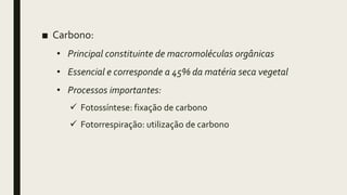■ Carbono:
• Principal constituinte de macromoléculas orgânicas
• Essencial e corresponde a 45% da matéria seca vegetal
• Processos importantes:
 Fotossíntese: fixação de carbono
 Fotorrespiração: utilização de carbono
 