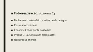 ■ Fotorrespiração: ocorre nas C3
■ Fechamento estomático – evitar perda de água
■ Reduz a fotossíntese
■ Consome CO2 restante nas folhas
■ Produz O2 – acumula nos cloroplastos
■ Não produz energia
 