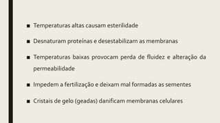 ■ Temperaturas altas causam esterilidade
■ Desnaturam proteínas e desestabilizam as membranas
■ Temperaturas baixas provocam perda de fluidez e alteração da
permeabilidade
■ Impedem a fertilização e deixam mal formadas as sementes
■ Cristais de gelo (geadas) danificam membranas celulares
 