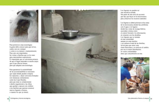 Para promover estas tecnologías 
la gente debe conocer para qué sirven, 
cuáles son sus ventajas 
y cómo es su manejo y mantenimiento. 
Para esto son importantes 
las visitas a familias que ya los usan 
para intercambiar experiencias. 
Es importante que se convenzan primero 
de que el fogón mejorado es mucho mejor 
que el que ellos/as tienen, 
para que adopten esta tecnología. 
Para garantizar la sostenibilidad 
de las accionestambién es necesario 
que sepan dónde pueden comprar 
los repuestos, y dejar convenios firmados 
con instancias comunitarias 
como las Cajas Rurales, 
para que éstas se comprometan 
a darles seguimiento a las obras 
que quedan y apoyen con créditos 
a las familias que quieran construir 
nuevos fogones u hornos, 
o reparar los que ya tienen. 
Los fogones no pueden ser 
una iniciativa aislada. 
Son parte de una serie de acciones 
que hay que hacer en la microcuenca 
para conservar los recursos naturales. 
Los fogones se deben priorizar en las zonas 
de la microcuenca donde hay problema 
con el agua o en lugares 
donde hay zonas de recarga hídrica, 
asociadas a temas como 
el control forestal o la reforestación, 
en conjunto con las alcaldías. 
Los fogones que se instalan 
en una comunidad, 
aunque no sean muchos 
y no cubran al total de las familias, 
sirven para que otras vean 
cómo funcionan y se motiven al cambio, 
por eso es mejor distribuirlos 
en varias comunidades 
antes que concentrarlos en una. 
38 Ecofogones y hornos ecológicos. Una alternativa frente a la sequía 39 
 