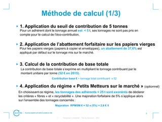 9
• Strictement confidentiel – Titre du document – 2012
Méthode de calcul (1/3)
1. Application du seuil de contribution de 5 tonnes
Pour un adhérent dont le tonnage annuel est < 5 t, ses tonnages ne sont pas pris en
compte pour le calcul de l’éco-contribution.
2. Application de l’abattement forfaitaire sur les papiers vierges
Pour les papiers vierges (papiers à copier et enveloppes), un abattement de 37,6% est
appliqué par défaut sur le tonnage mis sur le marché.
4. Application du régime « Petits Metteurs sur le marché » (optionnel)
En choisissant ce régime, les tonnages des adhérents < 25 t sont exonérés de déclarer
les critères « fibres » et « recyclabilité ». Une majoration forfaitaire de 5% s’applique alors
sur l’ensemble des tonnages concernés :
Majoration RPMSM € = 52 x (5%) = 2,6 € /t
3. Calcul de la contribution de base totale
La contribution de base totale s’exprime en multipliant le tonnage contribuant par le
montant unitaire par tonne (52 € en 2015).
Contribution base € = tonnage total contribuant x 52
 