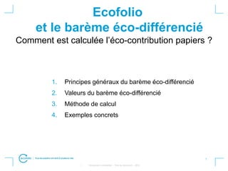 1
• Strictement confidentiel – Titre du document – 2012
1. Principes généraux du barème éco-différencié
2. Valeurs du barème éco-différencié
3. Méthode de calcul
4. Exemples concrets
Ecofolio
et le barème éco-différencié
Comment est calculée l’éco-contribution papiers ?
 