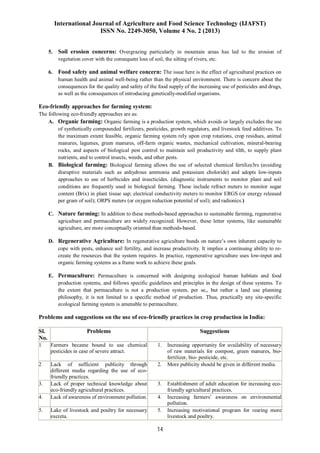 International Journal of Agriculture and Food Science Technology (IJAFST)
ISSN No. 2249-3050, Volume 4 No. 2 (2013)
14
5. Soil erosion concerns: Overgrazing particularly in mountain areas has led to the erosion of
vegetation cover with the consequent loss of soil, the silting of rivers, etc.
6. Food safety and animal welfare concern: The issue here is the effect of agricultural practices on
human health and animal well-being rather than the physical environment. There is concern about the
consequences for the quality and safety of the food supply of the increasing use of pesticides and drugs,
as well as the consequences of introducing genetically-modified organisms.
Eco-friendly approaches for farming system:
The following eco-friendly approaches are as:
A. Organic farming: Organic farming is a production system, which avoids or largely excludes the use
of synthetically compounded fertilizers, pesticides, growth regulators, and livestock feed additives. To
the maximum extent feasible, organic farming system rely upon crop rotations, crop residues, animal
manures, lagumes, green manures, off-farm organic wastes, mechanical cultivation, mineral-bearing
rocks, and aspects of biological pest control to maintain soil productivity and tilth, to supply plant
nutrients, and to control insects, weeds, and other pests.
B. Biological farming: Biological farming allows the use of selected chemical fertilize3rs (avoiding
disruptive materials such as anhydrous ammonia and potassium choloride) and adopts low-inputs
approaches to use of herbicides and insecticides. (diagnostic instruments to monitor plant and soil
conditions are frequently used in biological farming. These include refract meters to monitor sugar
content (Brix) in plant tissue sap; electrical conductivity meters to monitor ERGS (or energy released
per gram of soil); ORPS meters (or oxygen reduction potential of soil); and radionics.)
C. Nature farming: In addition to these methods-based approaches to sustainable farming, regenerative
agriculture and permaculture are widely recognized. However, these letter systems, like sustainable
agriculture, are more conceptually oriented than methods-based.
D. Regenerative Agriculture: In regenerative agriculture bunds on nature’s own inherent capacity to
cope with pests, enhance soil fertility, and increase productivity. It implies a continuing ability to re-
create the resources that the system requires. In practice, regenerative agriculture uses low-input and
organic farming systems as a frame work to achieve these goals.
E. Permaculture: Permaculture is concerned with designing ecological human habitats and food
production systems, and follows specific guidelines and principles in the design of these systems. To
the extent that permaculture is not a production system, per se,, but rather a land use planning
philosophy, it is not limited to a specific method of production. Thus, practically any site-specific
ecological farming system is amenable to permaculture.
Problems and suggestions on the use of eco-friendly practices in crop production in India:
Sl.
No.
Problems Suggestions
1 Farmers became bound to use chemical
pesticides in case of severe attract.
1. Increasing opportunity for availability of necessary
of raw materials for compost, green manures, bio-
fertilizer, bio- pesticide, etc.
2 Lack of sufficient publicity through
different media regarding the use of eco-
friendly practices.
2. More publicity should be given in different media.
3. Lack of proper technical knowledge about
eco-friendly agricultural practices.
3. Establishment of adult education for increasing eco-
friendly agricultural practices.
4. Lack of awareness of environment pollution. 4. Increasing farmers’ awareness on environmental
pollution.
5. Lake of livestock and poultry for necessary
excreta.
5. Increasing motivational program for rearing more
livestock and poultry.
 