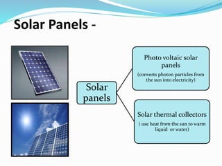 Solar Panels -

Solar
panels
Photo voltaic solar
panels
(converts photon particles from
the sun into electricity)
Solar thermal collectors
( use heat from the sun to warm
liquid or water)
 