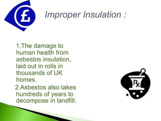 1.The damage to
human health from
asbestos insulation,
laid out in rolls in
thousands of UK
homes.
2.Asbestos also takes
hundreds of years to
decompose in landfill.
Improper Insulation :
 