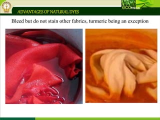 ADVANTAGESOF NATURALDYES
Bleed but do not stain other fabrics, turmeric being an exception
 
