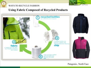 Using Fabric Composed of Recycled Products
WAYS TO RECYCLE FASHION
Patagonia , North Face
 